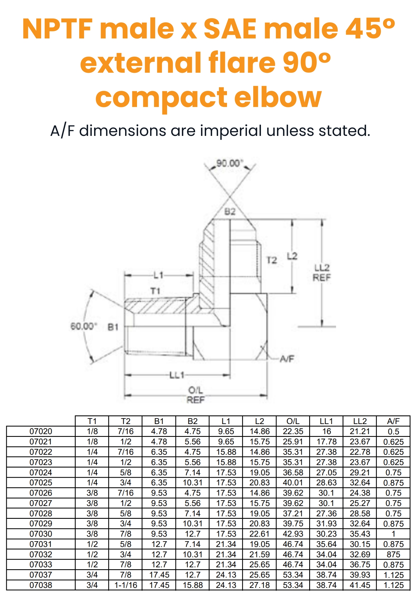 1/8 NPTF x 7/16 SAE 45° EXT FLARE M/M 90° Compact Hydraulic Adaptor